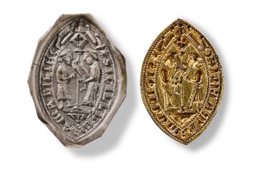Face of Silver-Gilt seal matrix (rhs) alongside mould of seal when pressed into wax