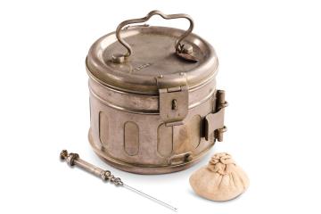 Aluminium sterilising drum with syringe and cotton swab 