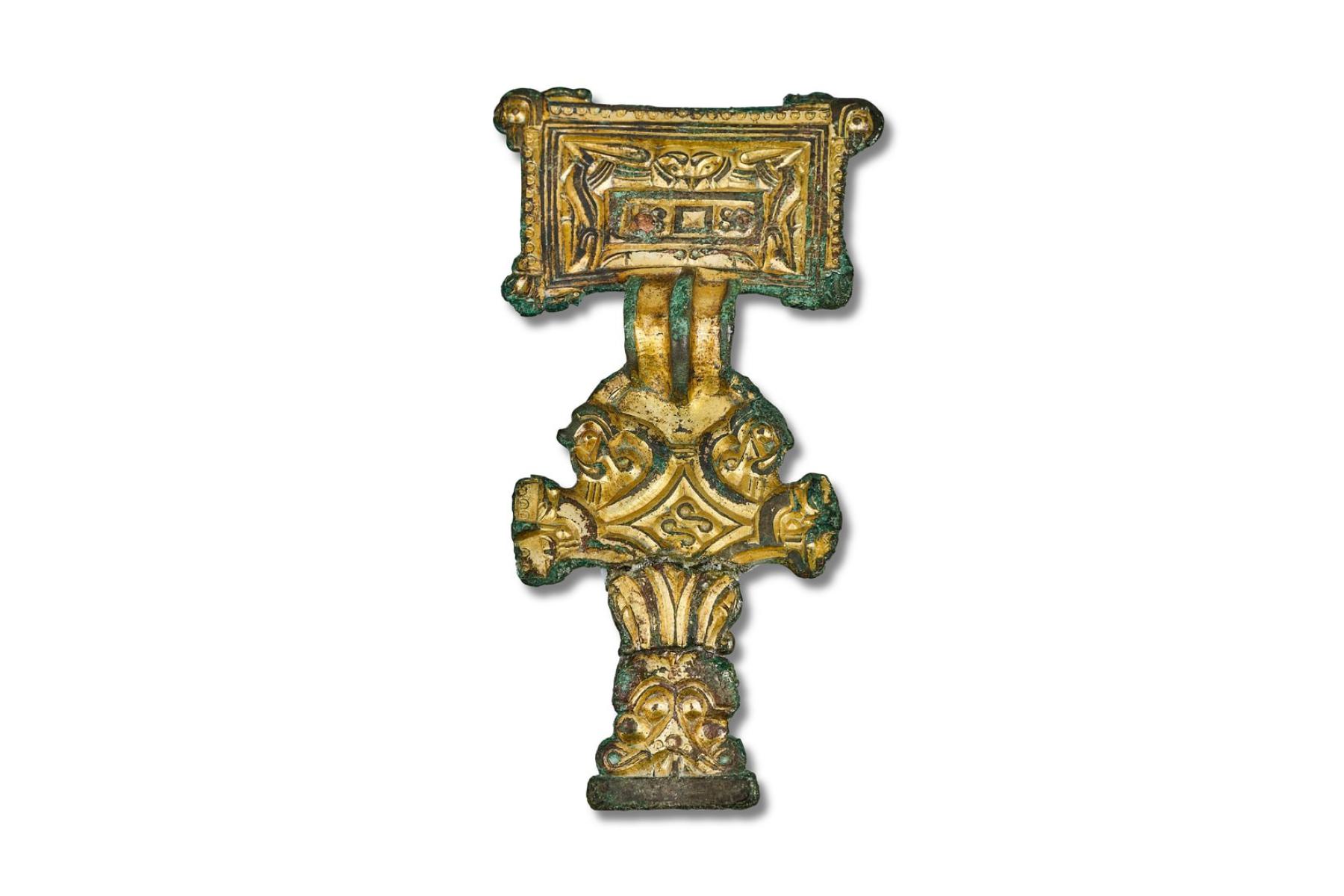 Anglo-Saxon square-headed brooch with runic name inscribed on rear.