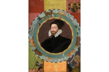 Double-sided oil painting of Sir Christopher Hatton, builder of Holdenby House in late 16th century. 