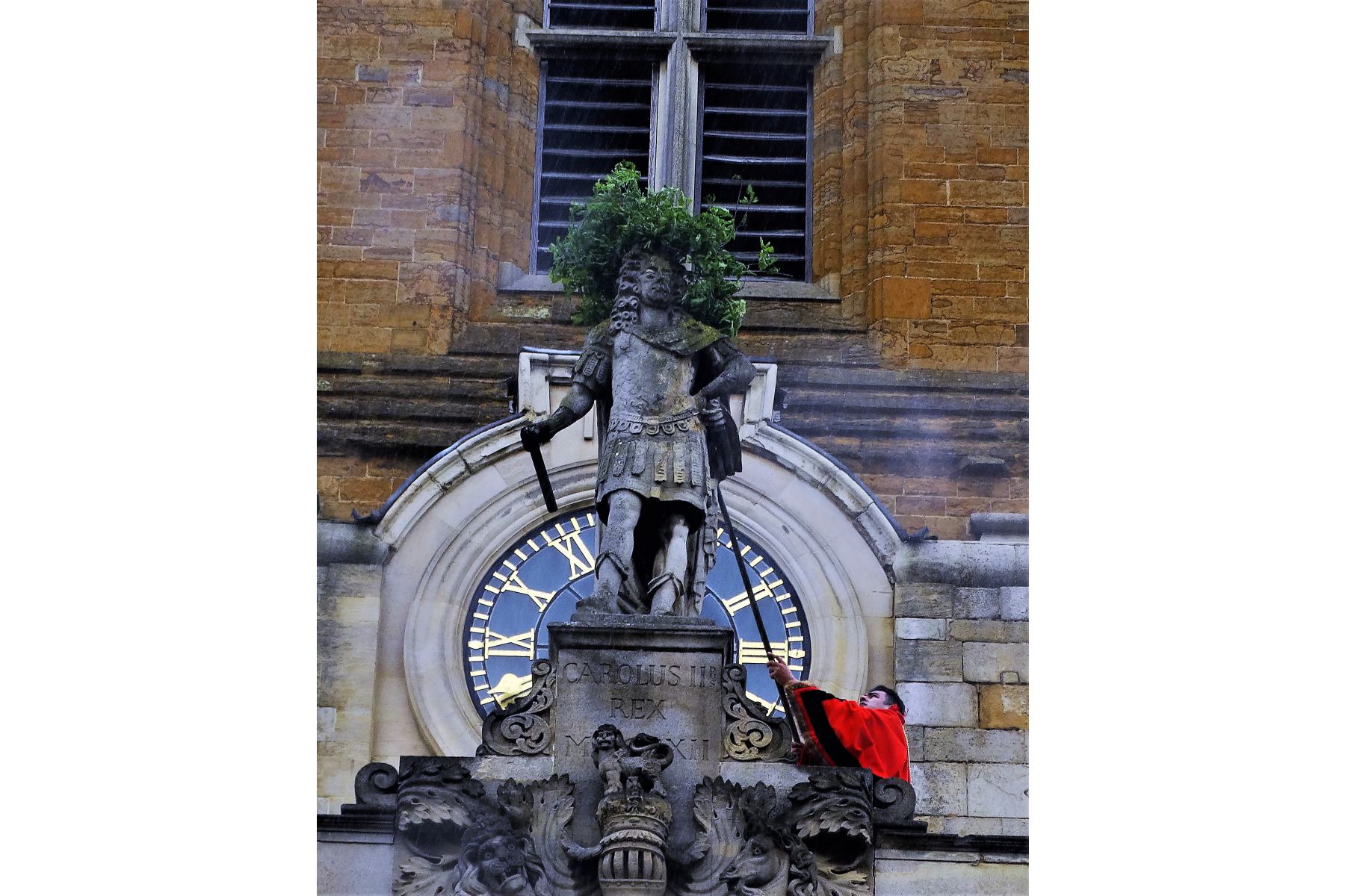 Oak leaf wreath on the head of the Charles II stature that is positioned at on the front portico of All Saints, Northampon