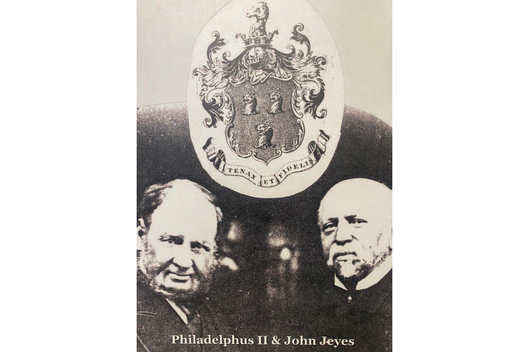 Philadelphus and John Jeyes shown either side of the Jeyes Family Motto "Tenax et Fidelis"
