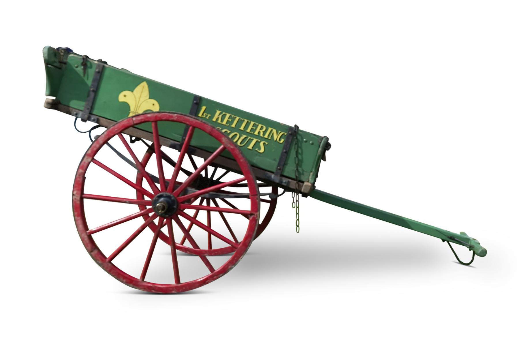 Painted wooden scout trek cart used by the 1st kettering Scout Group