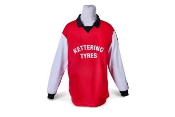 Replica of the 1976 Ketetring Town Football Club shirt bearing the sponsors name