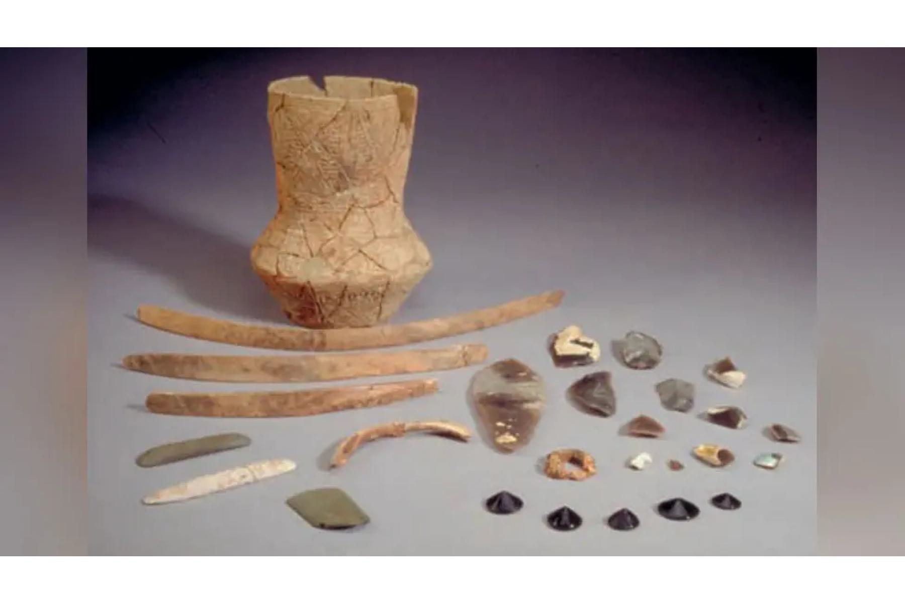 Complete collection of grave goods from Bronze Age burial including pottery beaker, jet buttons and additional flint tools
