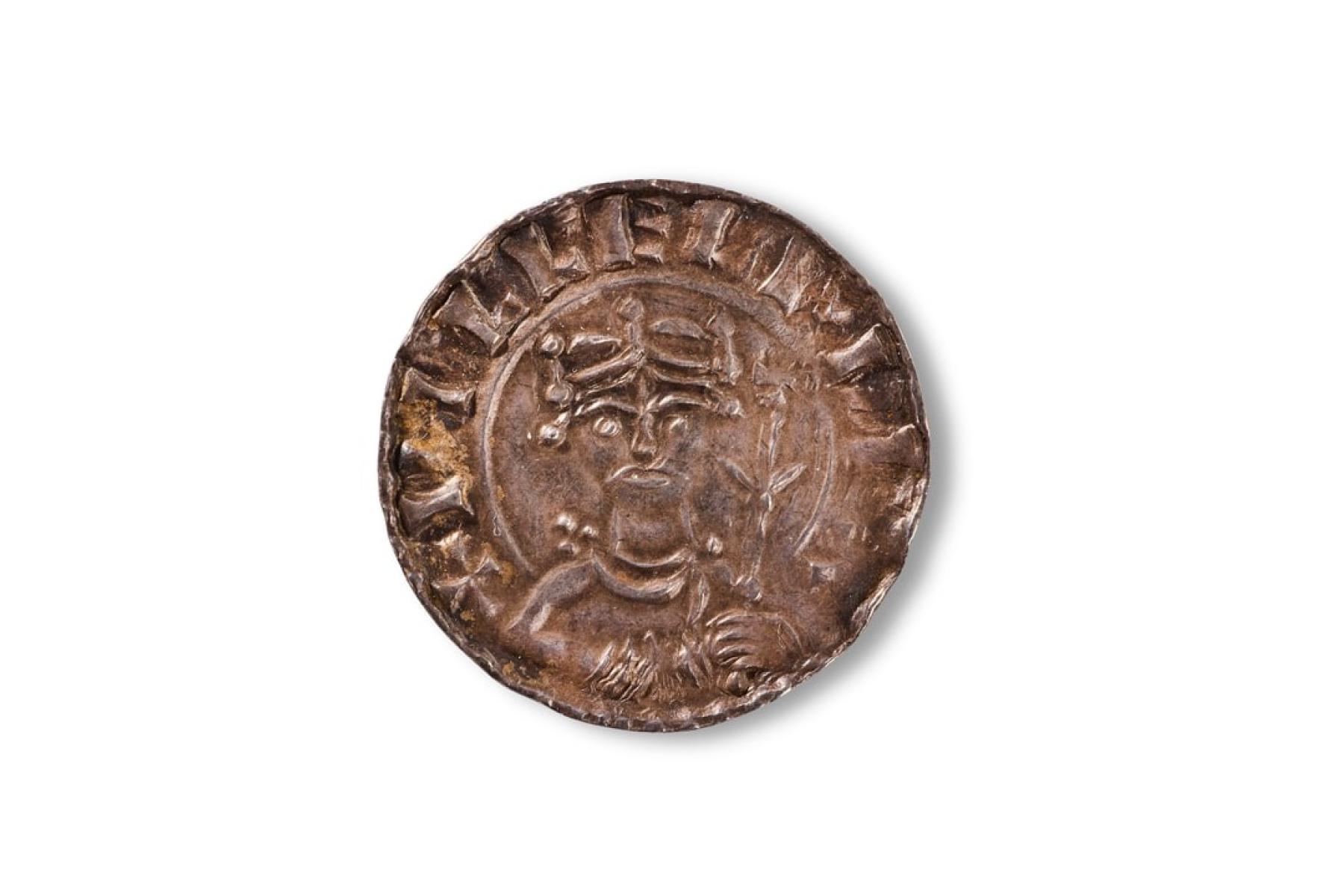 Obverse (head) of a Norman period silver penny minted in Northampton
