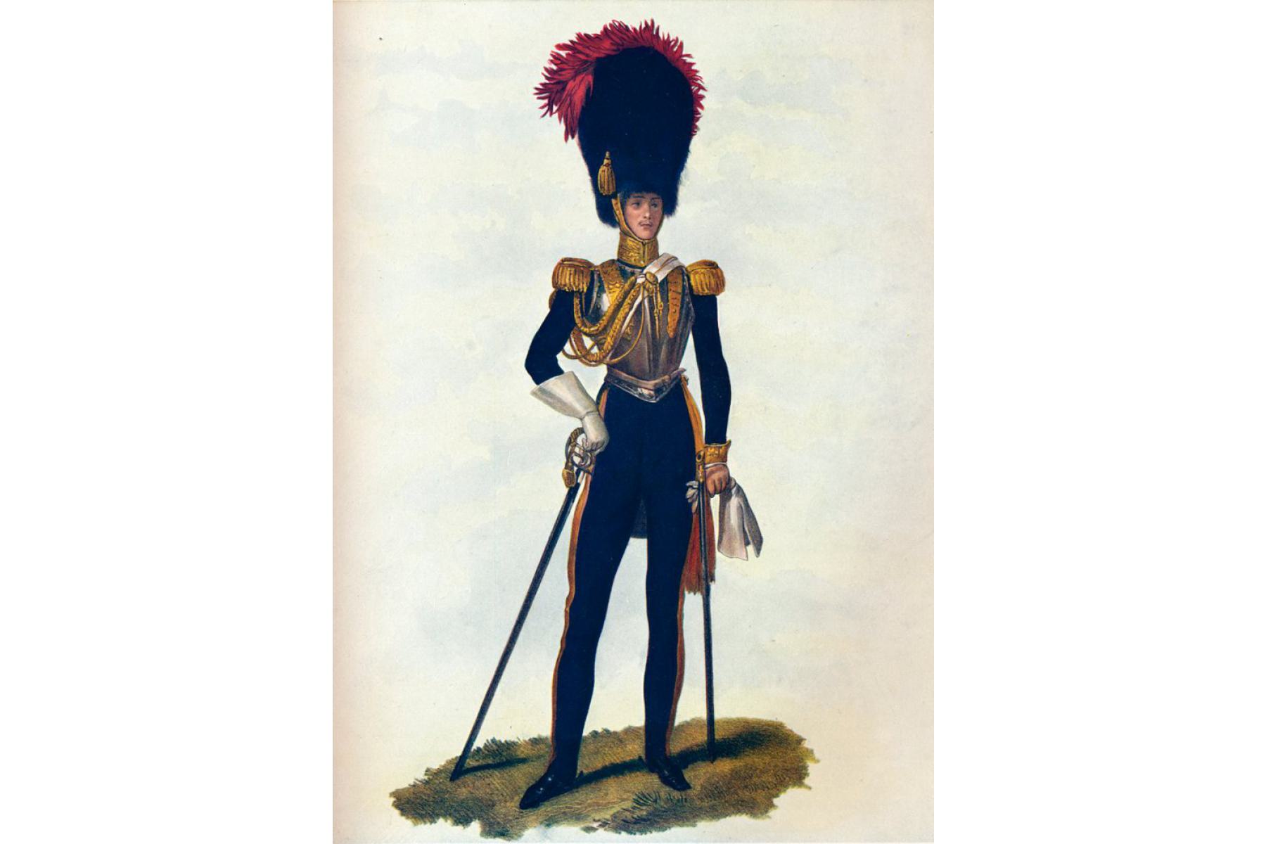 Print of Everard Bouveie in uniform by Alexandre-Jean Dubois Drahonet