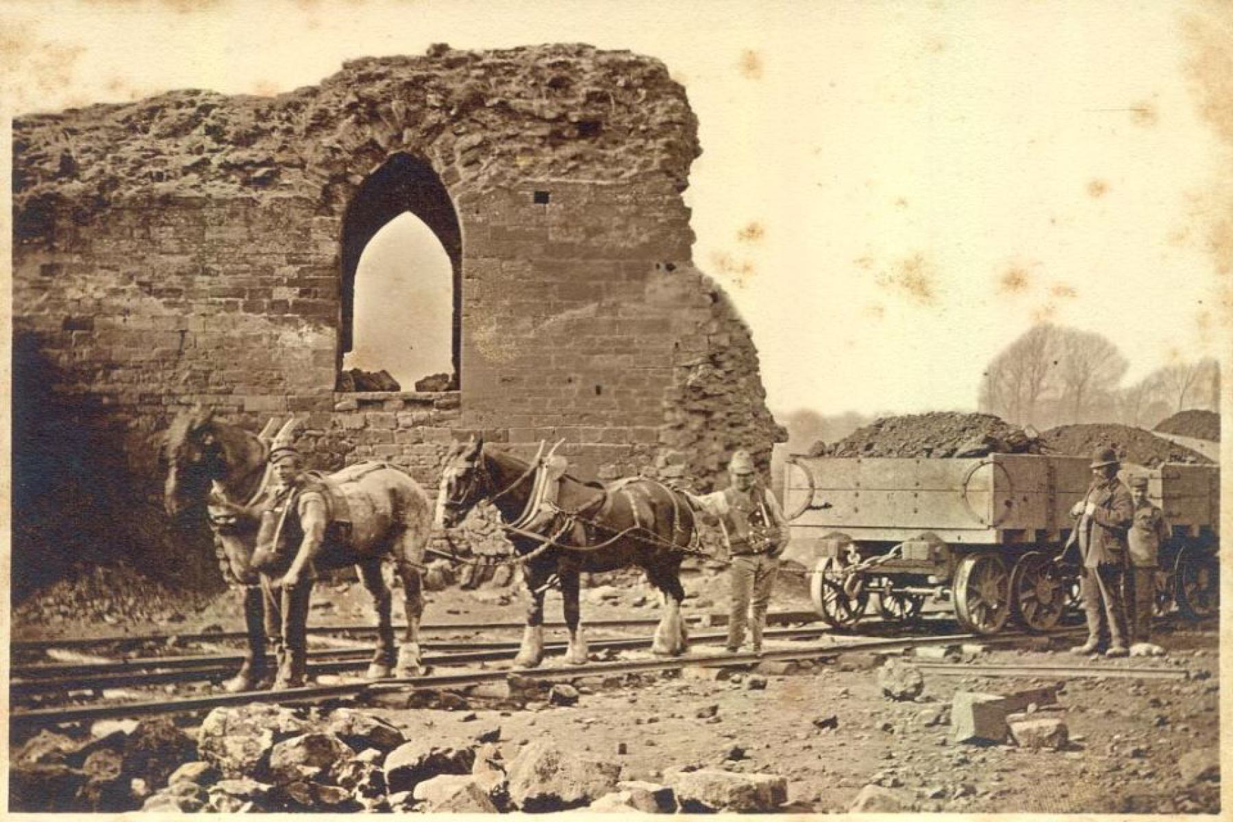 19th century photograph of the remains of Northampton castle during construction work on the railway