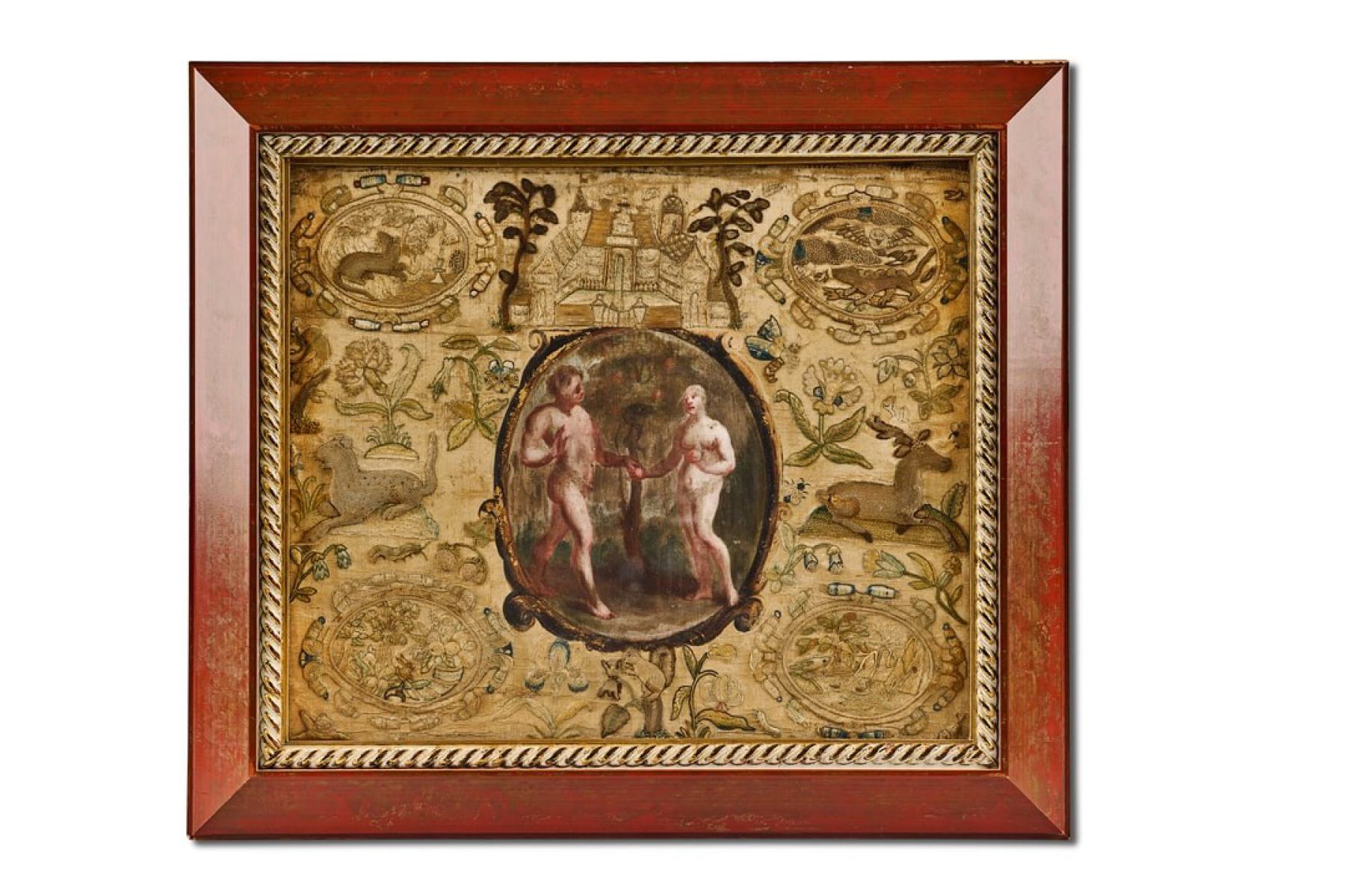 The Four Elements Surrounding Adam and Eve embroidery from Sulgrave Manor