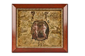 The Four Elements Surrounding Adam and Eve embroidery from Sulgrave Manor