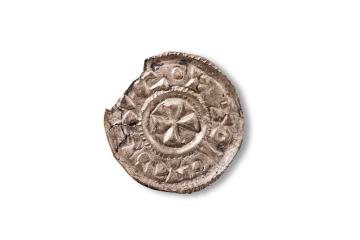 Obverse (head) of Viking silver coin found in Northampton.