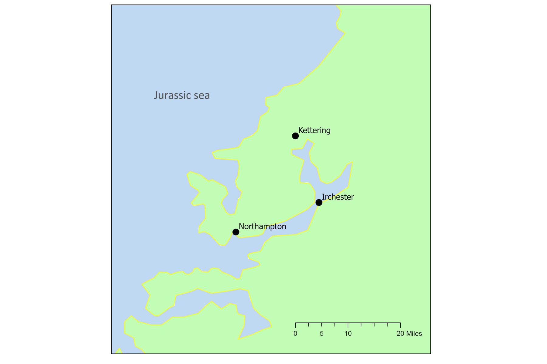 Outline map of Northamptonshire area in Jurassic period