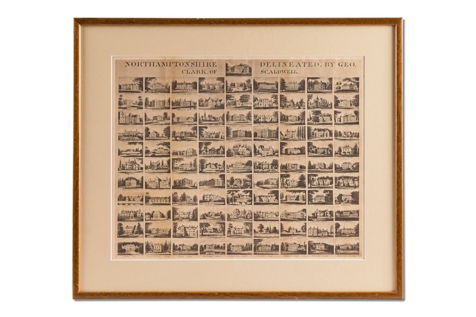 Early 19th century print depicting houses and stately homes in Northamptonshire