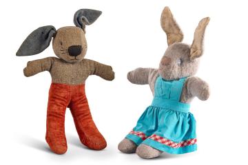 Soft toy rabbits (two) made by patients at St Crispins hosptal