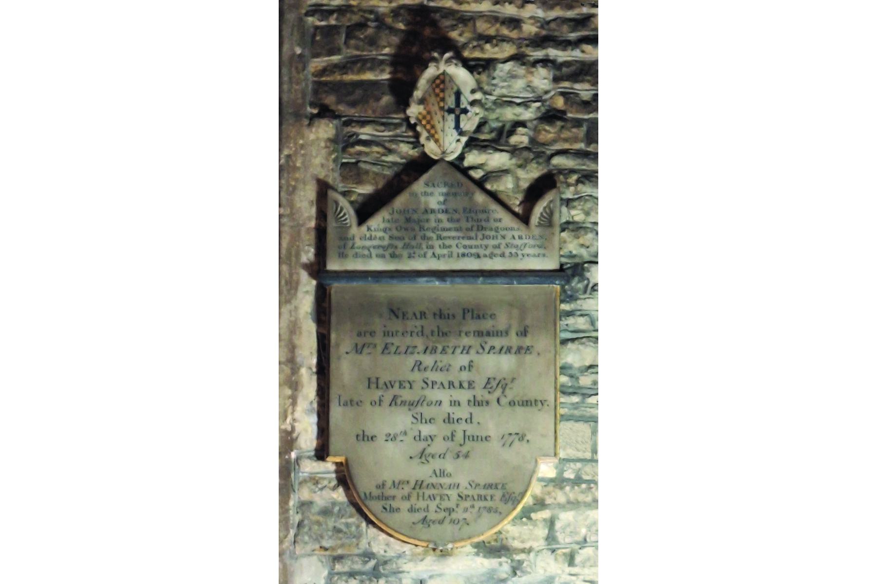 Memorial to Hannah Sparke in All Hallows, Wellingbrough
