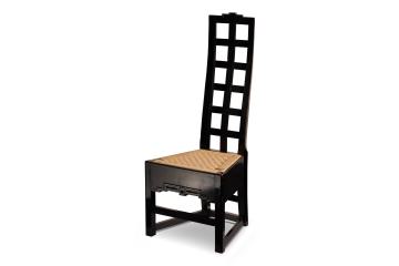 Wood and woven rush seat designed by Charles Rennie Mackintosh