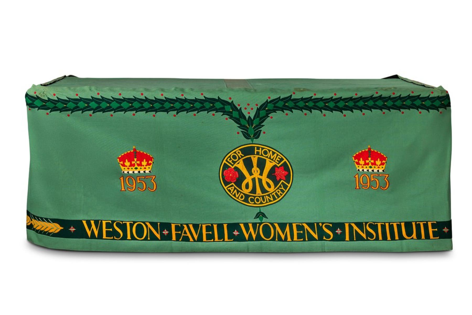 Appliqued and embroidered table cloth made by members of the Weston Favell branch of the Women's Institute