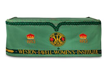 Appliqued and embroidered table cloth made by members of the Weston Favell branch of the Women's Institute